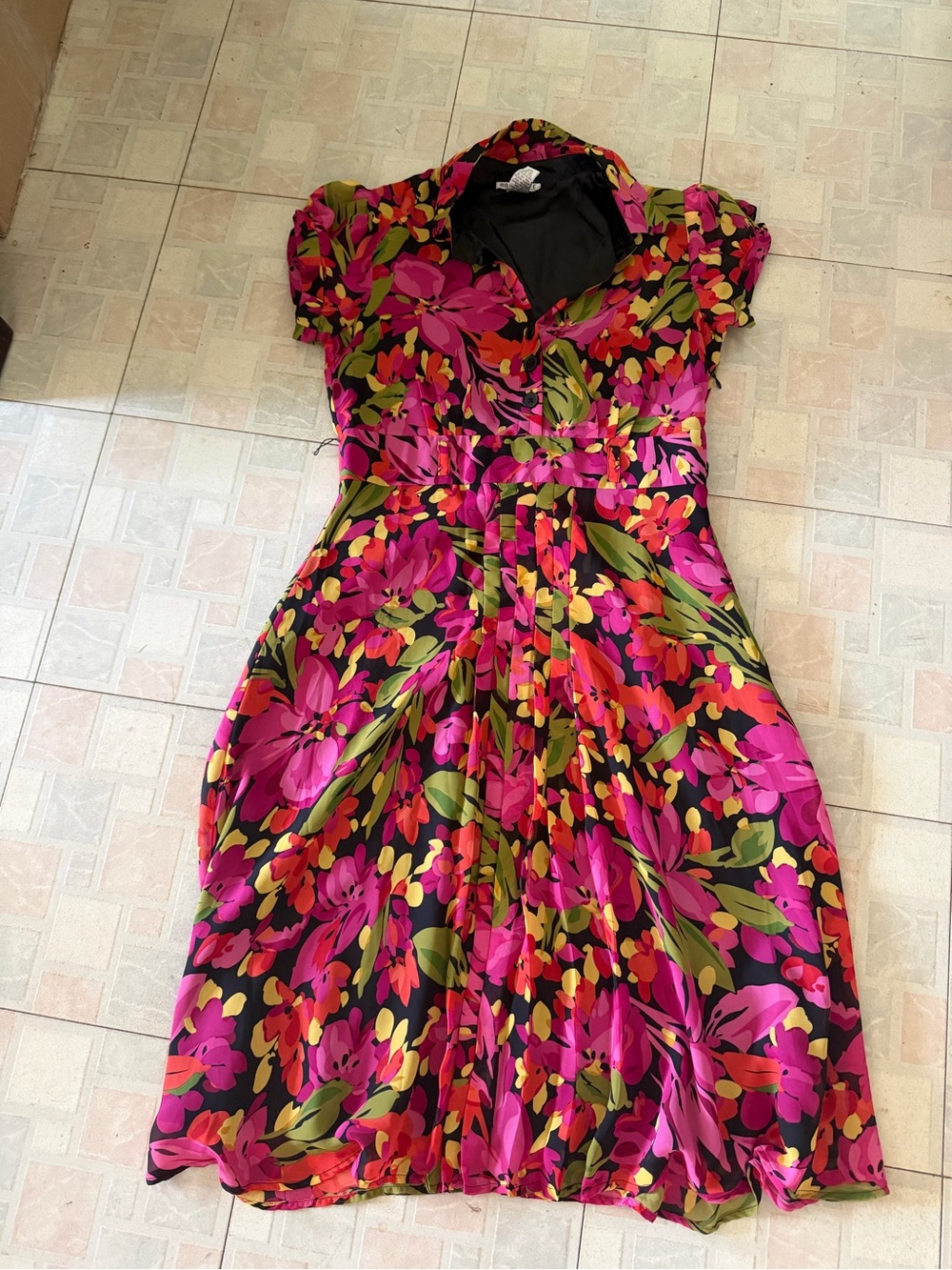 Robbie Bee Vintage Black Midi Dress with Magenta Floral Print - Women’s Size 8